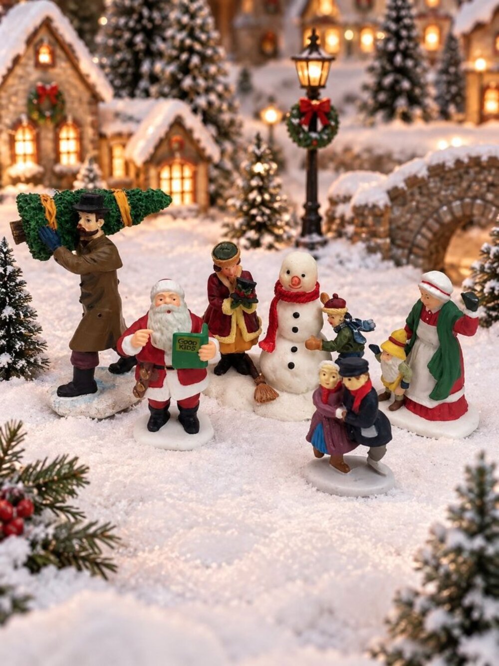Set 6 Christmas Village Figurines Santa Snowman Tree Mrs Claus Carolers Decor